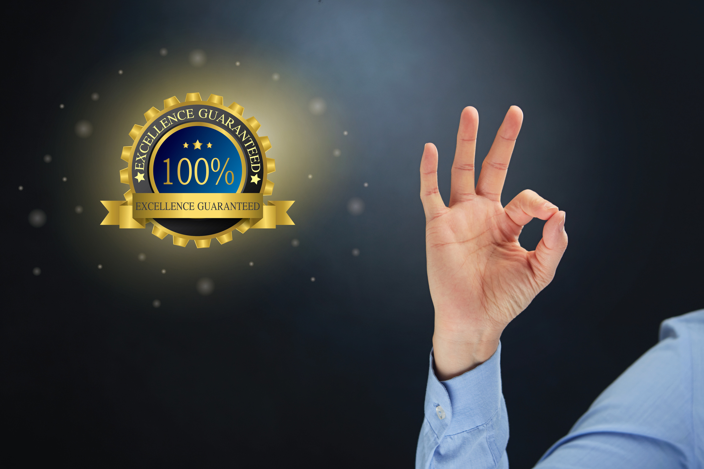 Hand with ok sign and 100 percent guarantee label concept